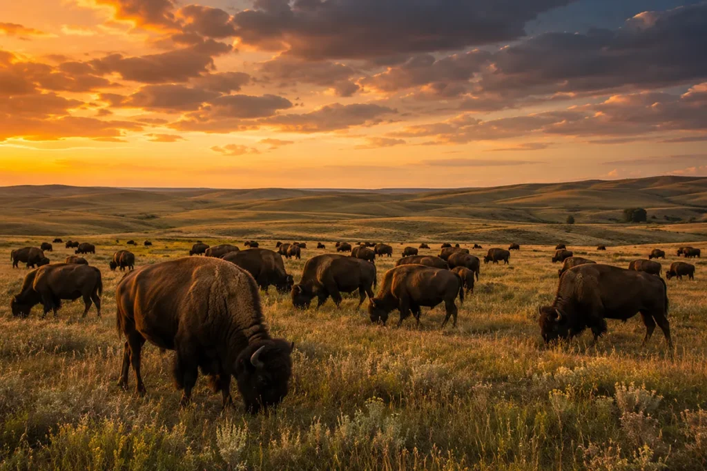 American Prairie Reserve in north-central Montana at sunrise with bison herd visible on rolling grassland