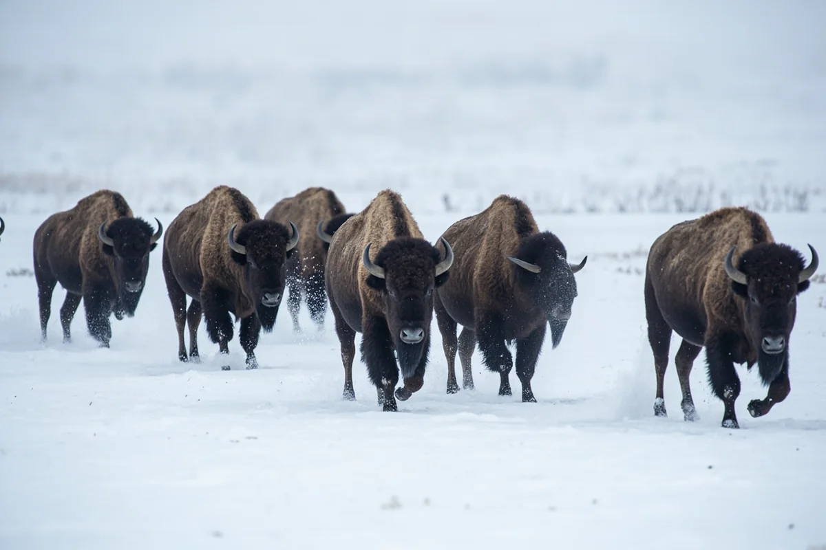 Bison herd walking through deep snow in Yellowstone during winter