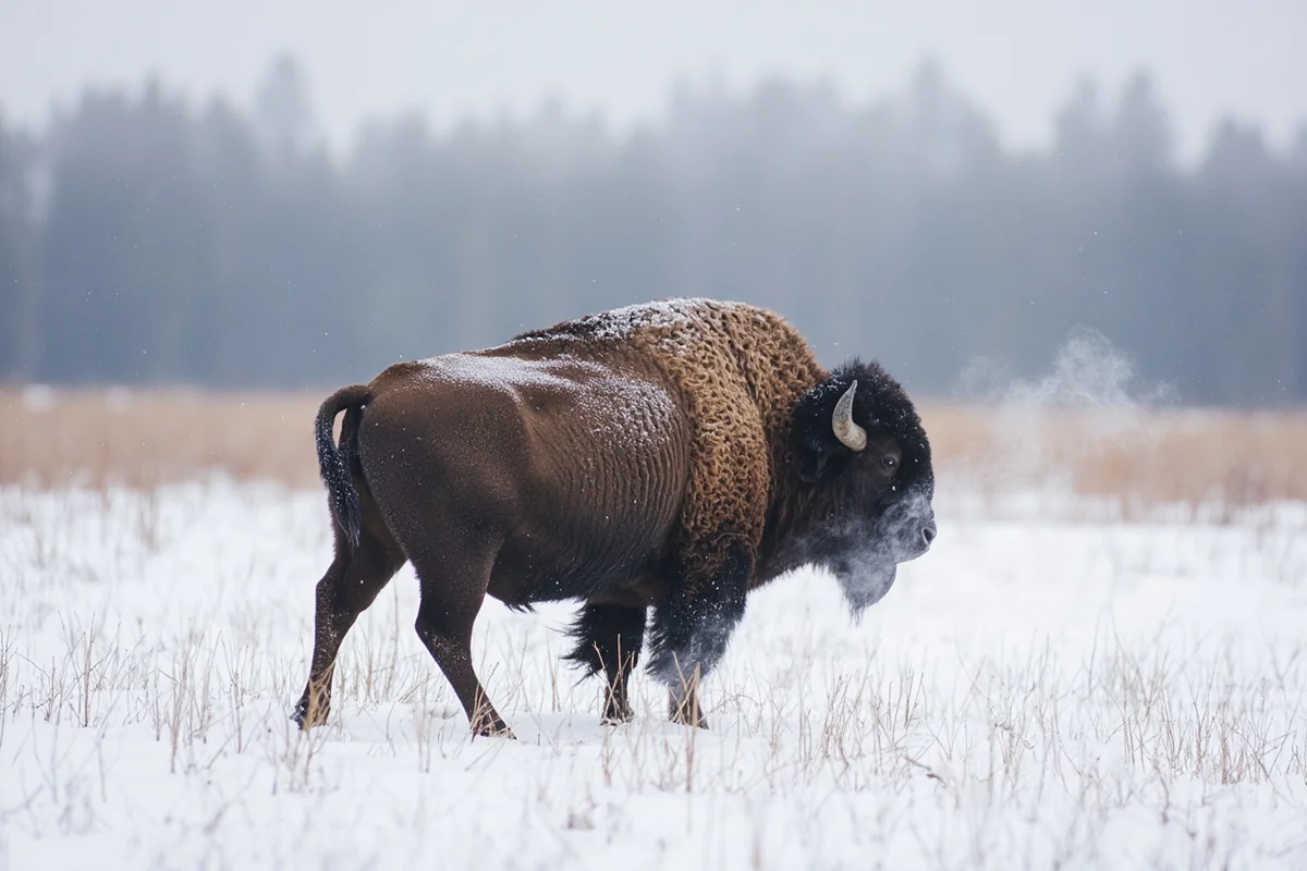 Bison in snow-covered meadow near West Yellowstone with visible breath indicating extreme cold