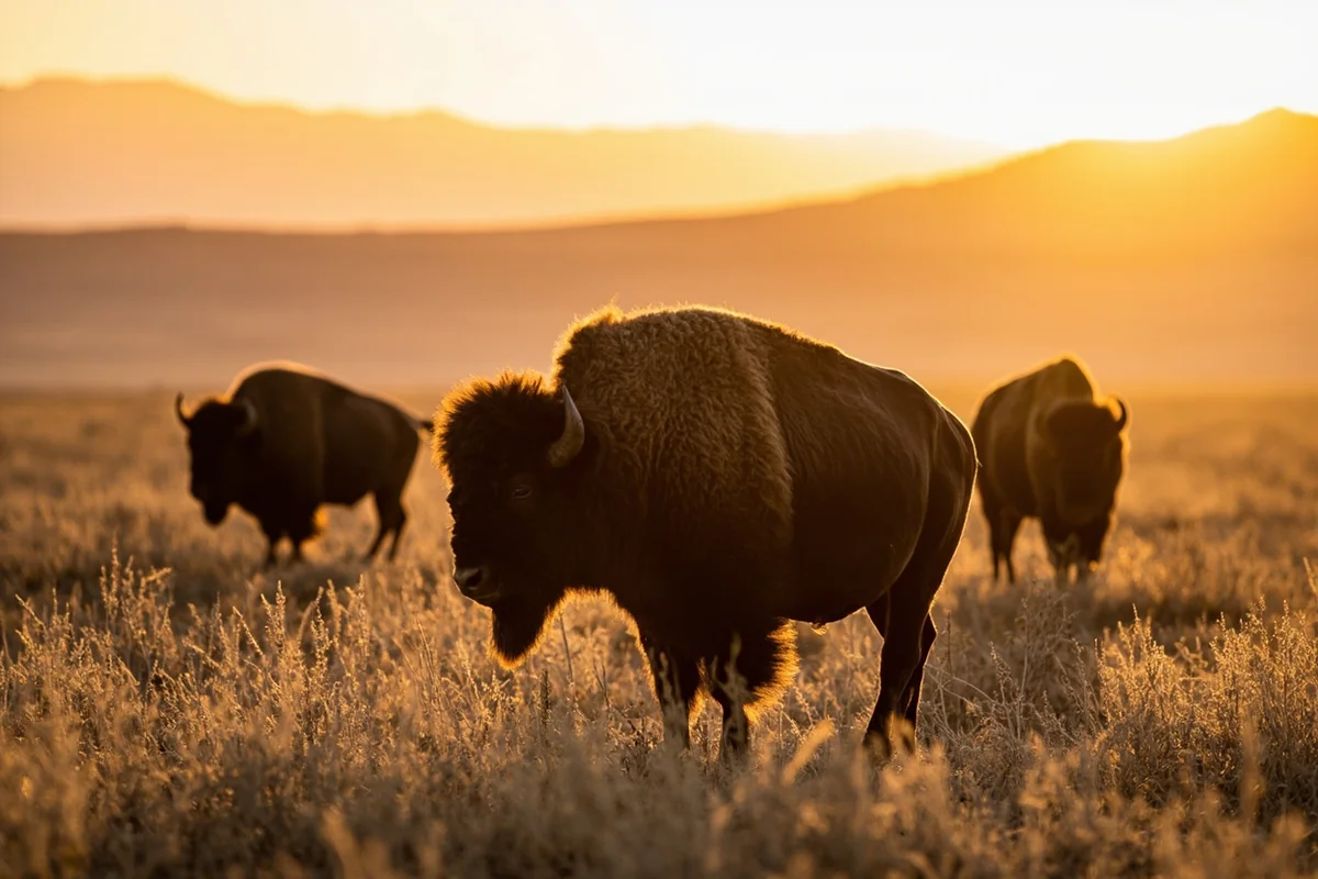 Bison photographed at the National Bison Range with morning light and mountain backdrop