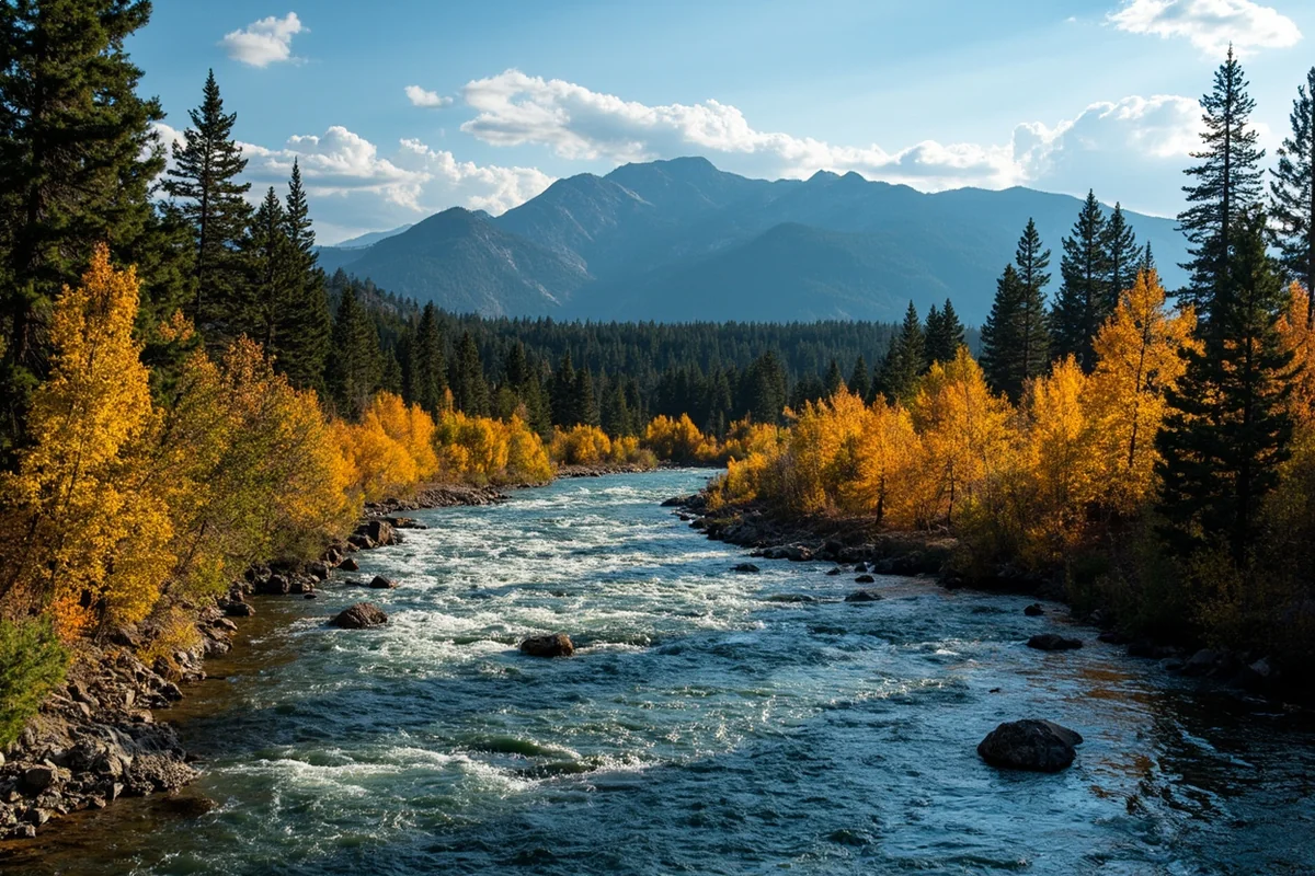 Bitterroot River with mountains and autumn foliage