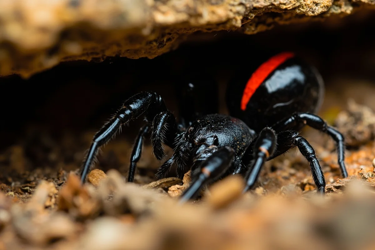 Black widow spider in typical habitat under a rock ledge showing red hourglass marking