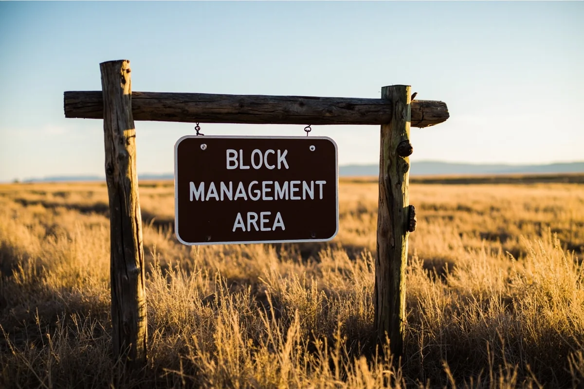 Block Management Area sign at entrance to hunting property in Montana with prairie in background