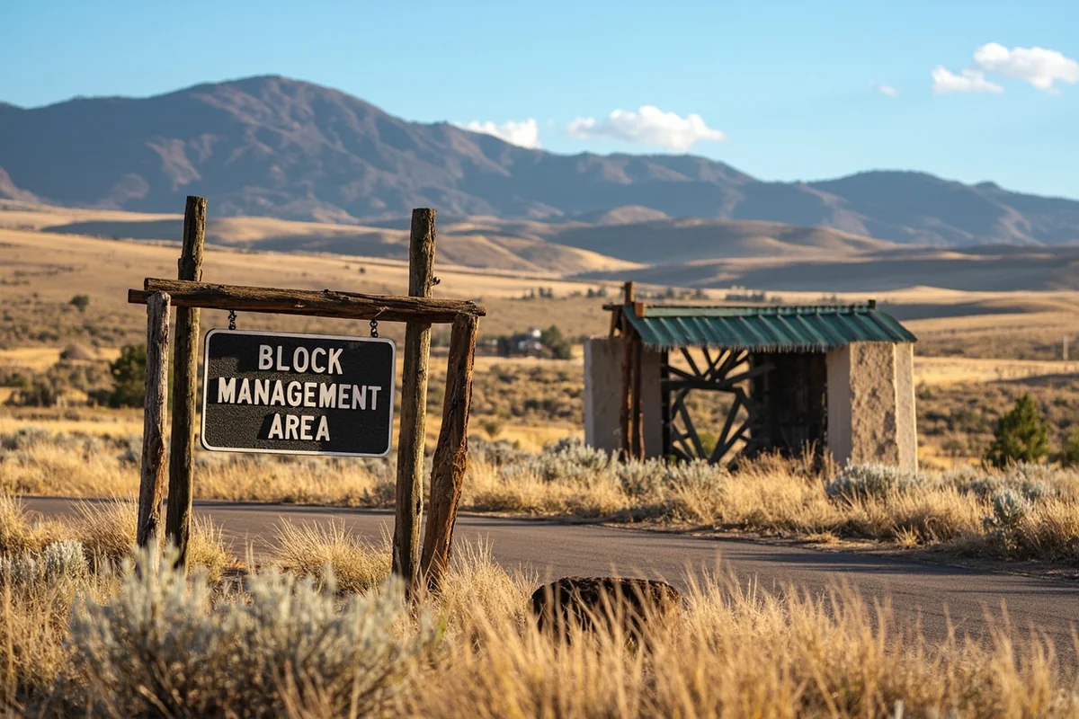 Block Management Area sign at property entrance with rolling agricultural land and mountains in background