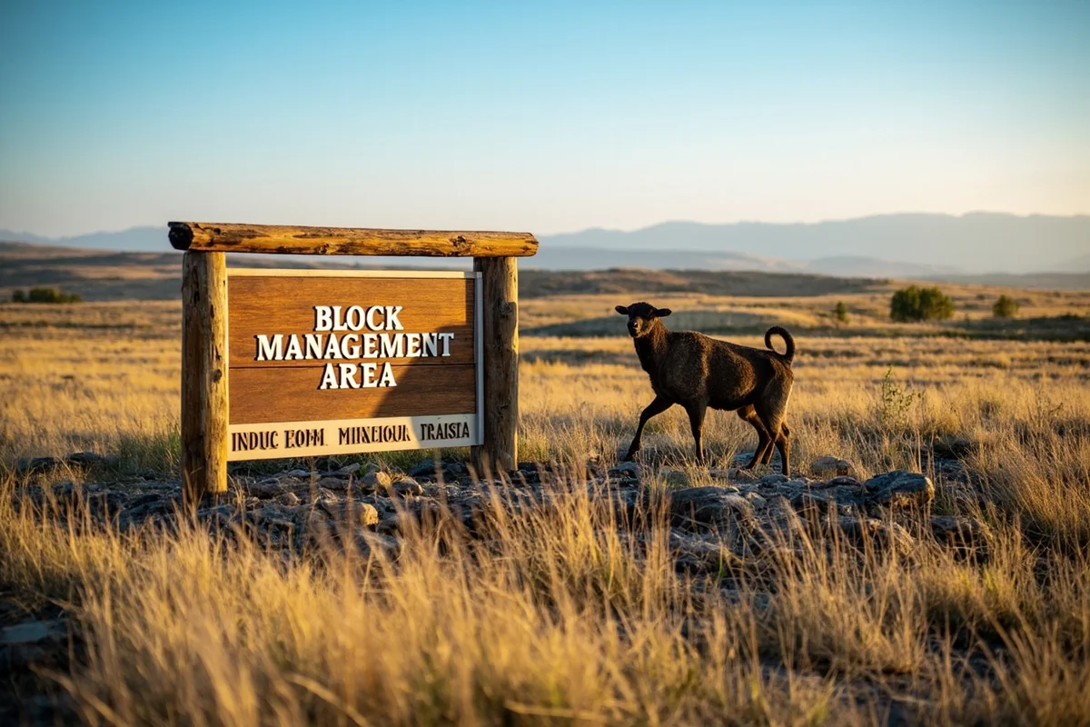 Block Management Area sign at property entrance with Montana prairie landscape behind