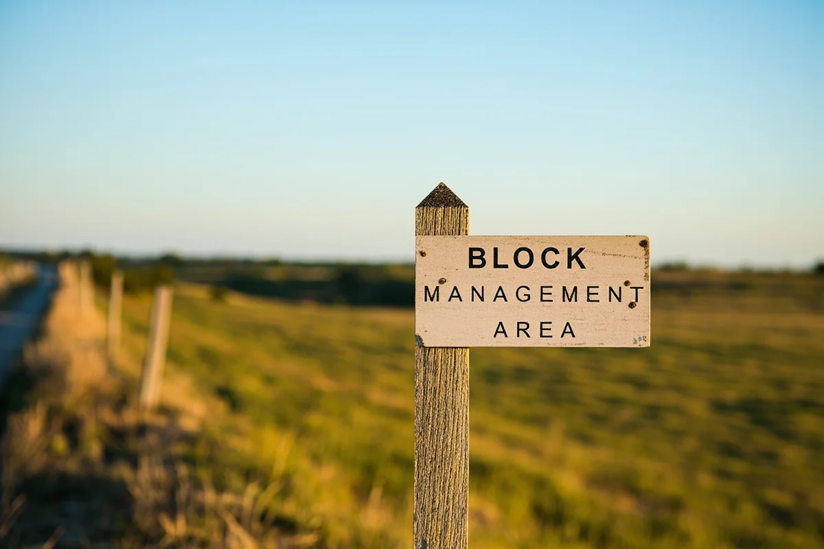 Block Management Area sign on fence post with grassland behind