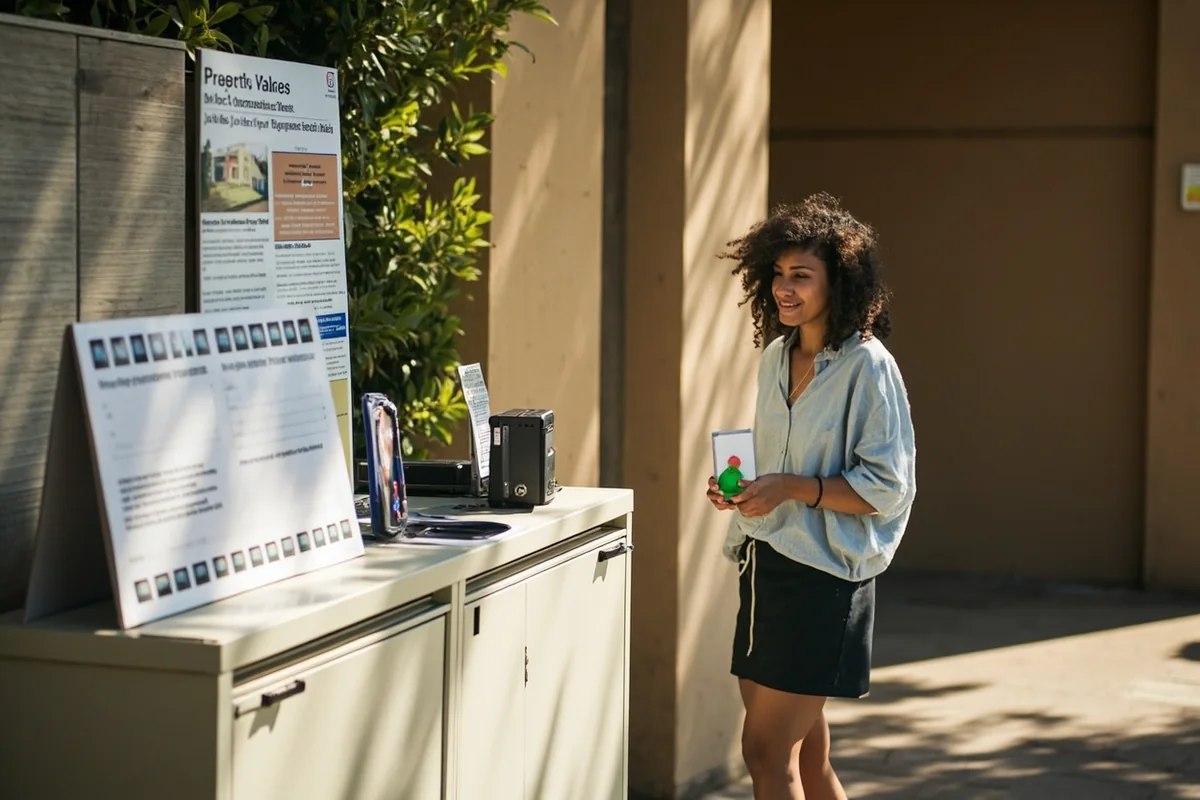 Block Management registration box at property entrance with sign-in sheets and FWP informational materials posted