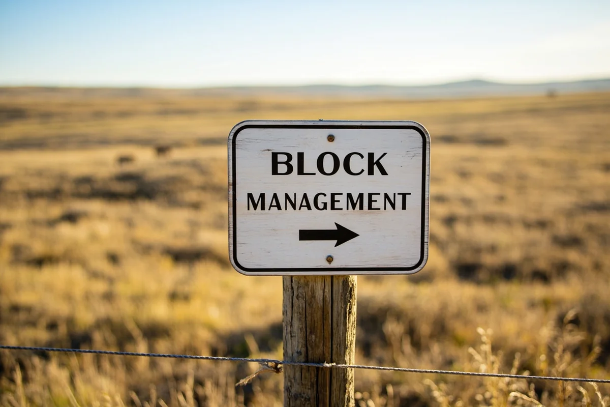 Block Management sign on fence post with Montana prairie landscape behind