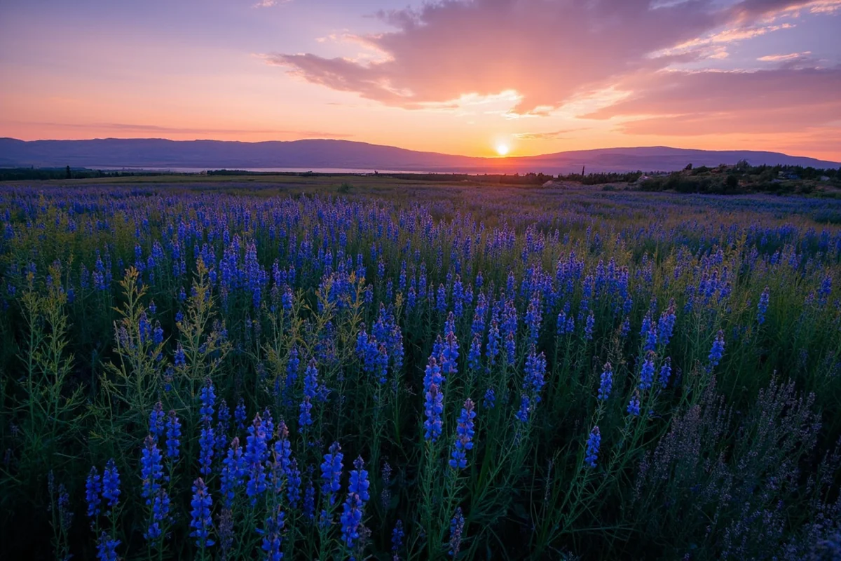 Blue camas meadow in the Blackfoot Valley at sunset