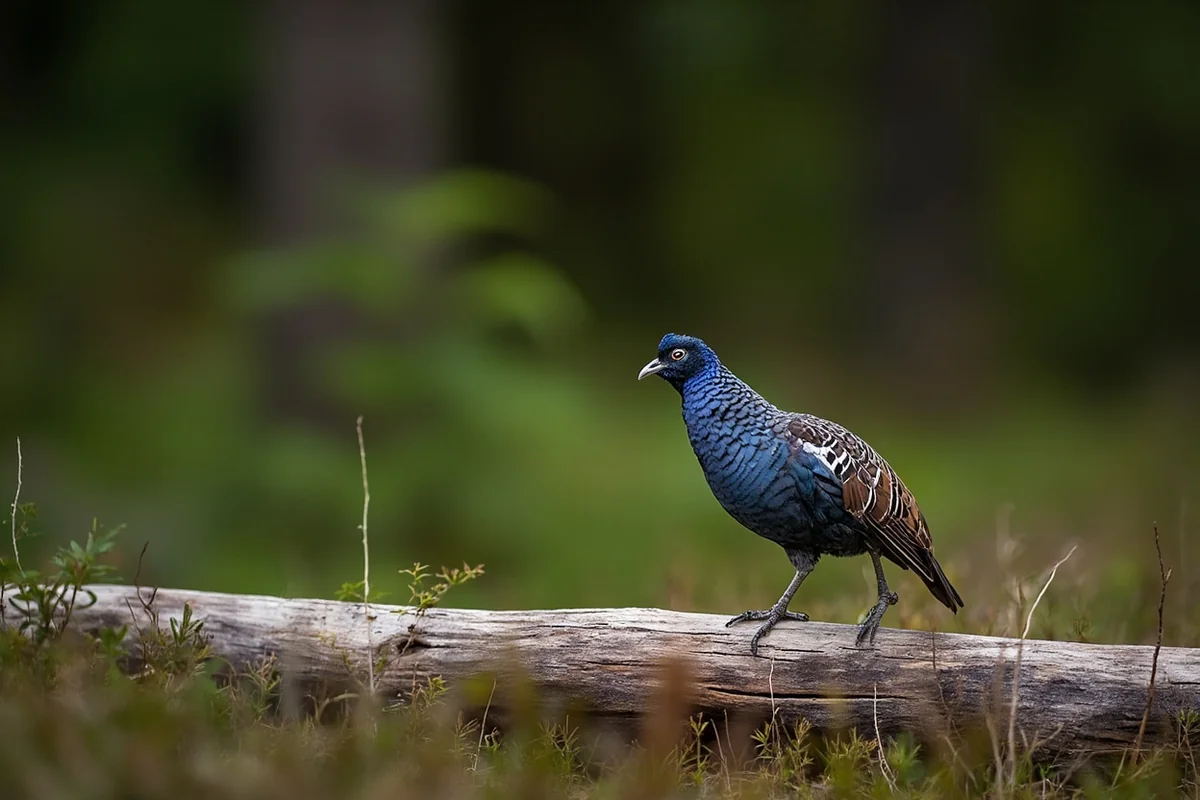 Blue grouse perched on fallen log in Montana mountain forest setting