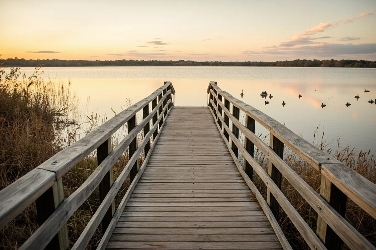 Boardwalk at Freezout Lake WMA with distant waterfowl visible on the water