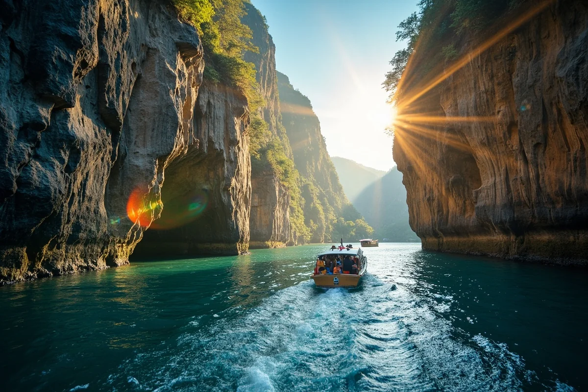 Boat tour passing through limestone cliffs at Gates of the Mountains