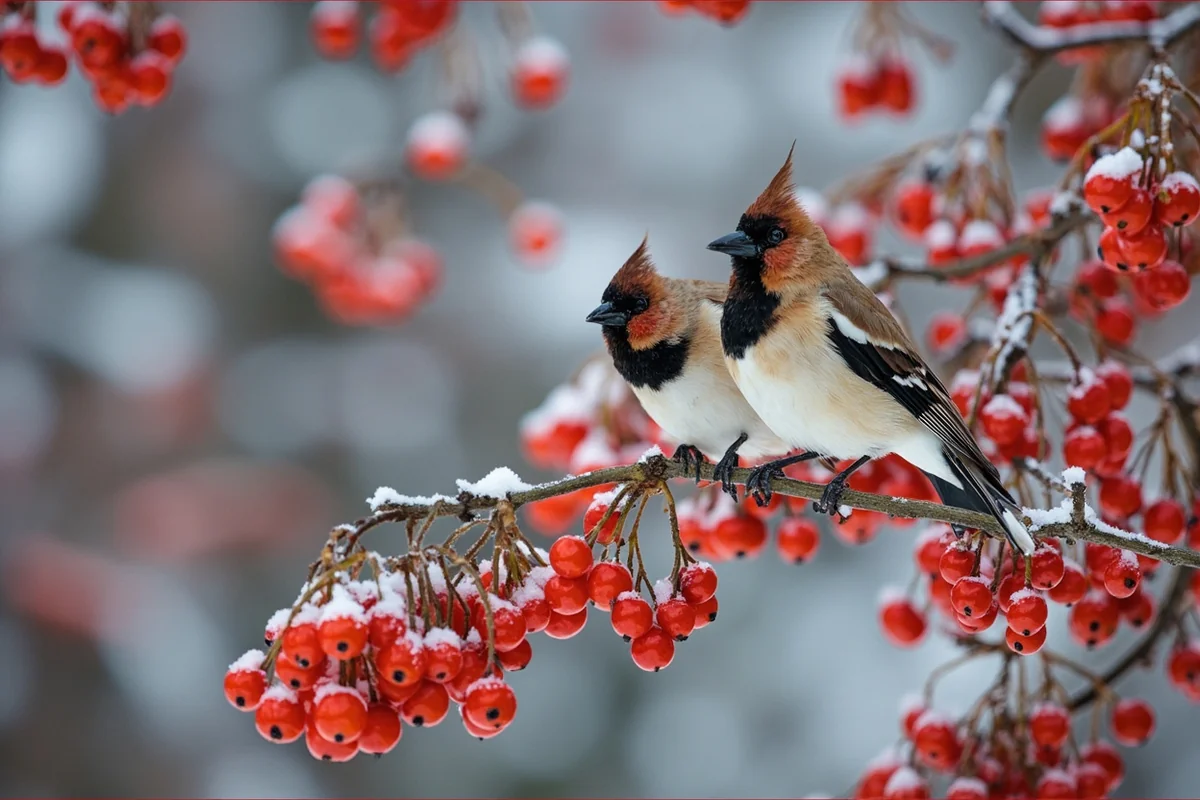 Bohemian waxwings perched in a mountain ash tree heavy with red berries and dusted with snow