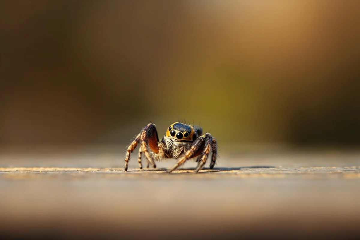 Bold jumping spider on a wooden deck railing showing its distinctive large eyes