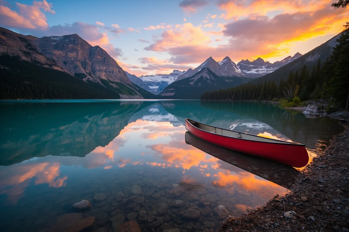 Bowman Lake at sunrise with mountain reflections on the calm water and a red canoe on the shoreline