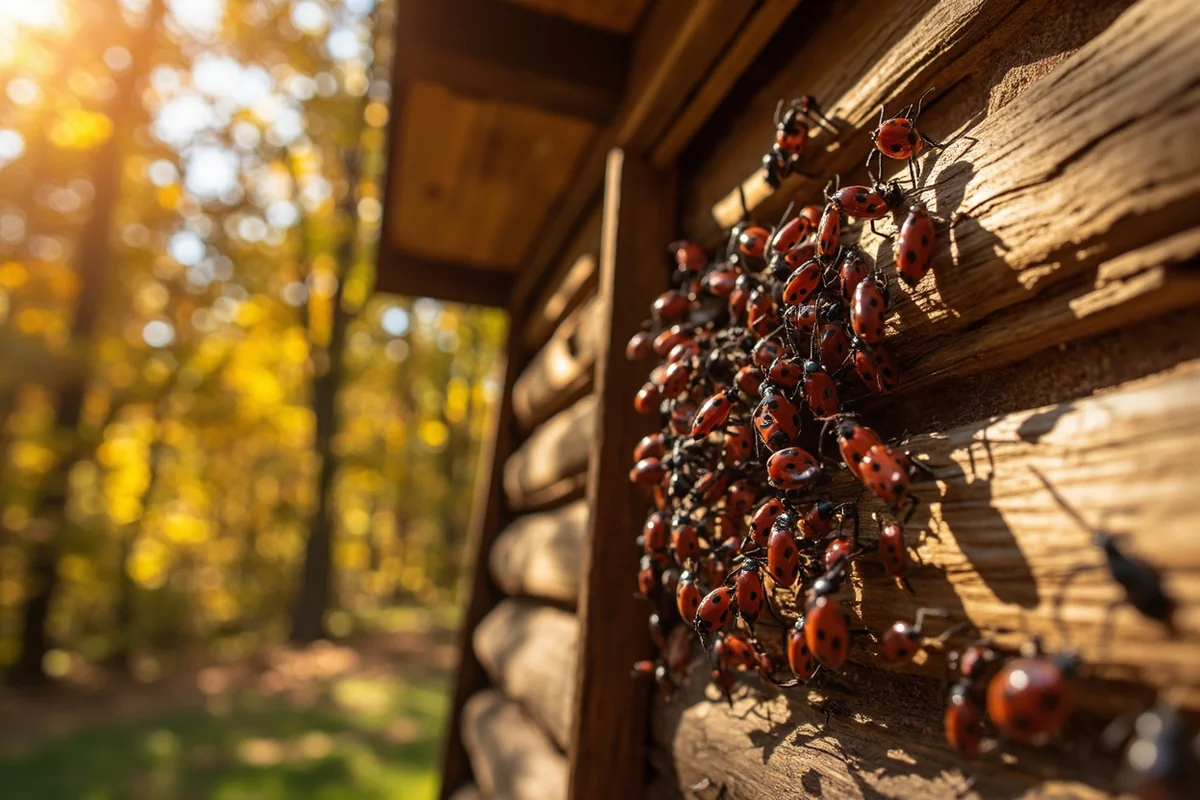 Boxelder bugs congregating on a sunny wooden cabin wall in autumn