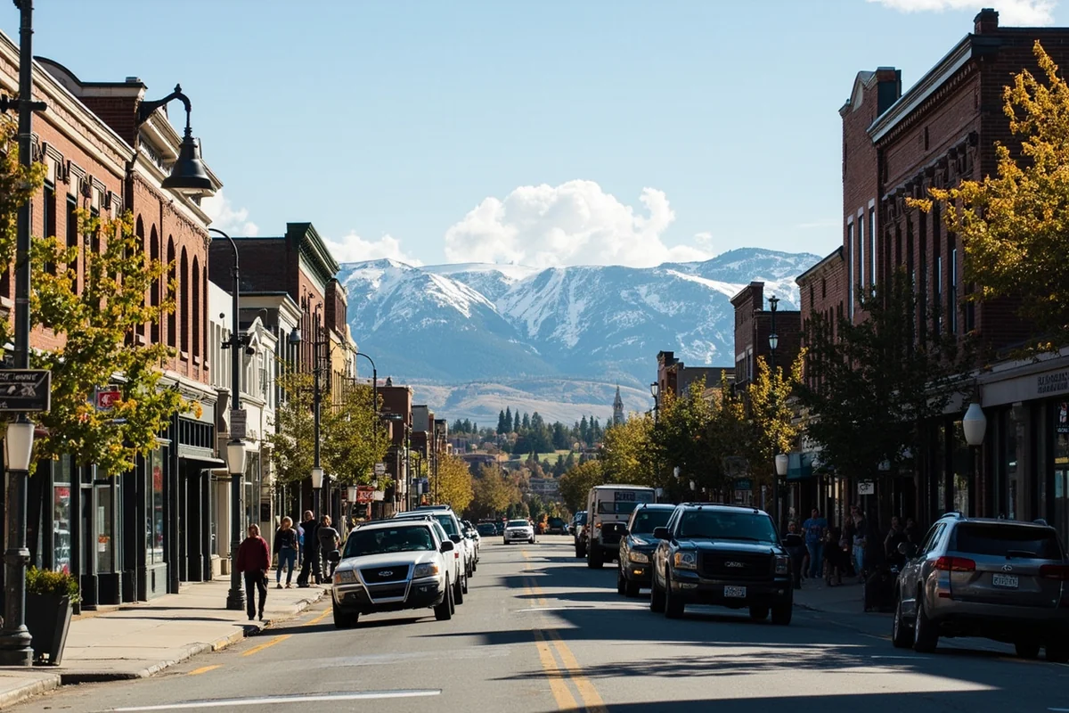 Bozeman Main Street with historic buildings and Bridger Mountains visible at street's end