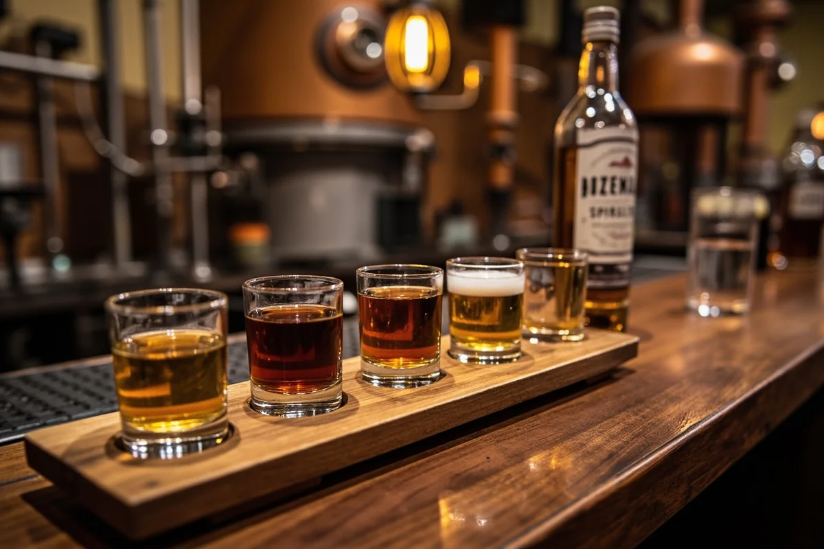 Bozeman Spirits tasting flight on rustic wooden bar with distillery equipment visible in background
