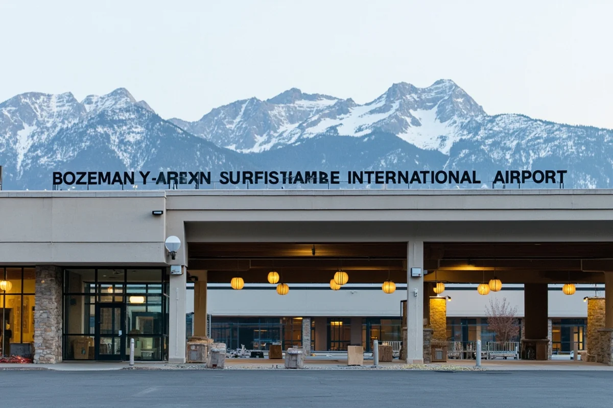 Bozeman Yellowstone International Airport exterior with mountain backdrop