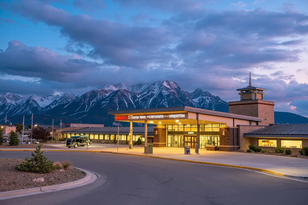 Bozeman Yellowstone International Airport terminal exterior with mountain backdrop