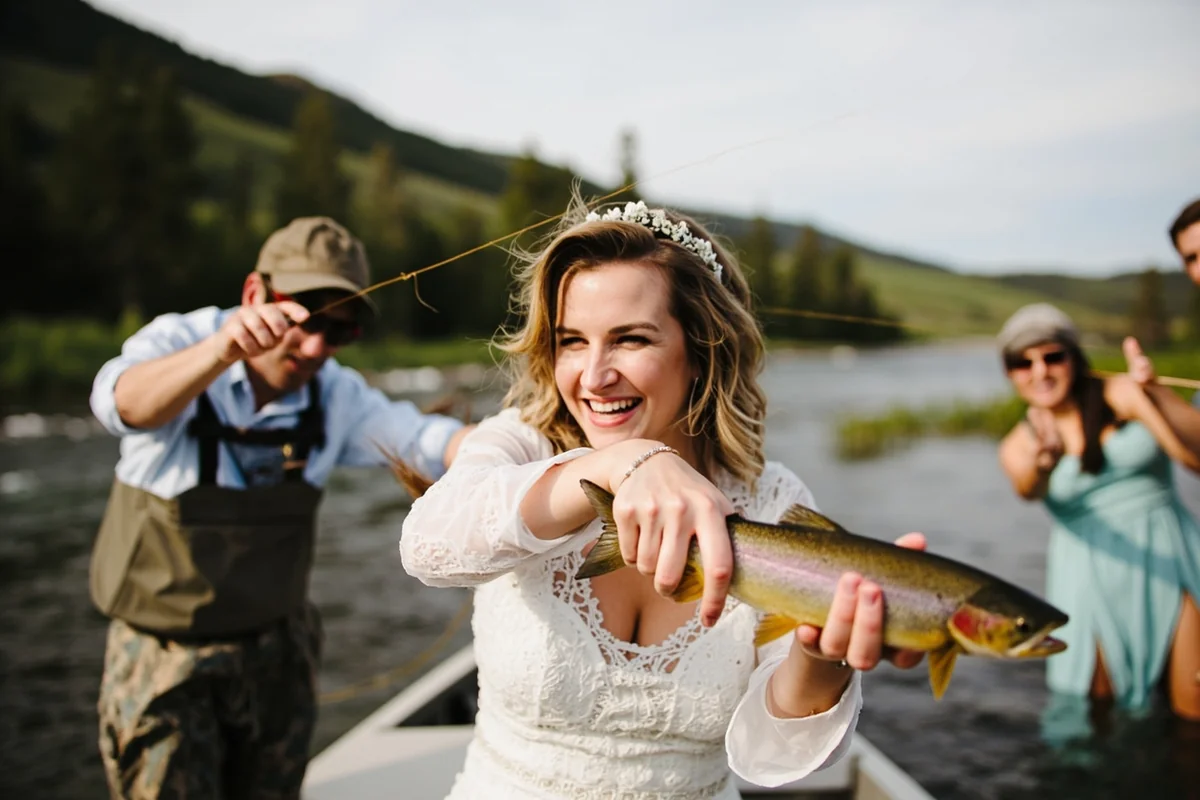 Bride-to-be holding caught trout with fly fishing guide on Montana river, friends cheering in background