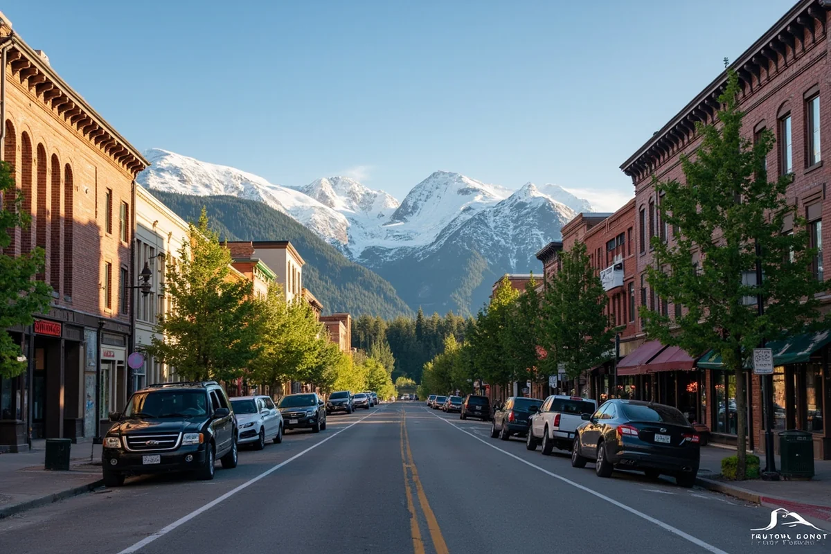 Browning main street with Glacier National Park mountains visible in background
