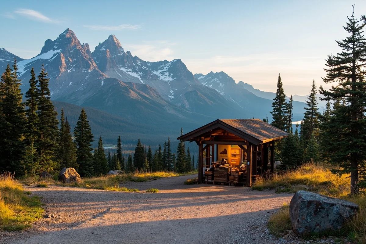 Browning station area with Glacier National Park peaks visible in distance