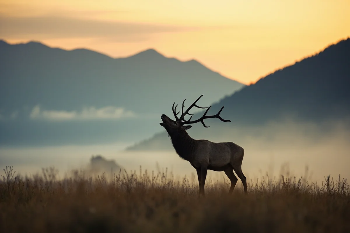 Bull elk bugling at dawn in misty valley with mountains in background