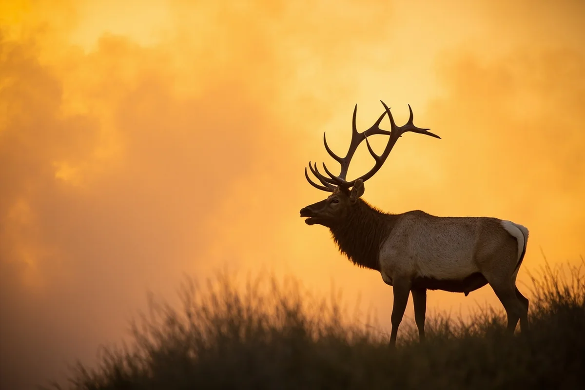 Bull elk bugling at sunrise in Mammoth Hot Springs with steam rising in background