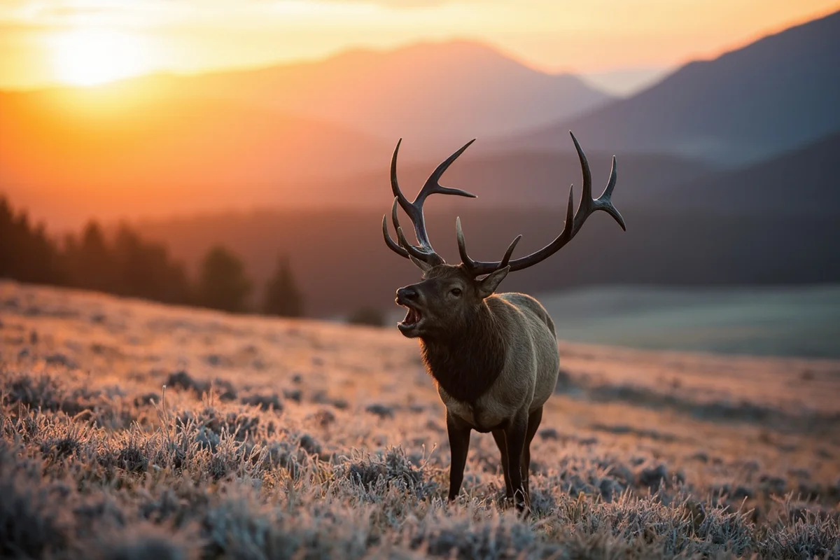 Bull elk bugling at sunrise in Montana mountain meadow with frost on grass