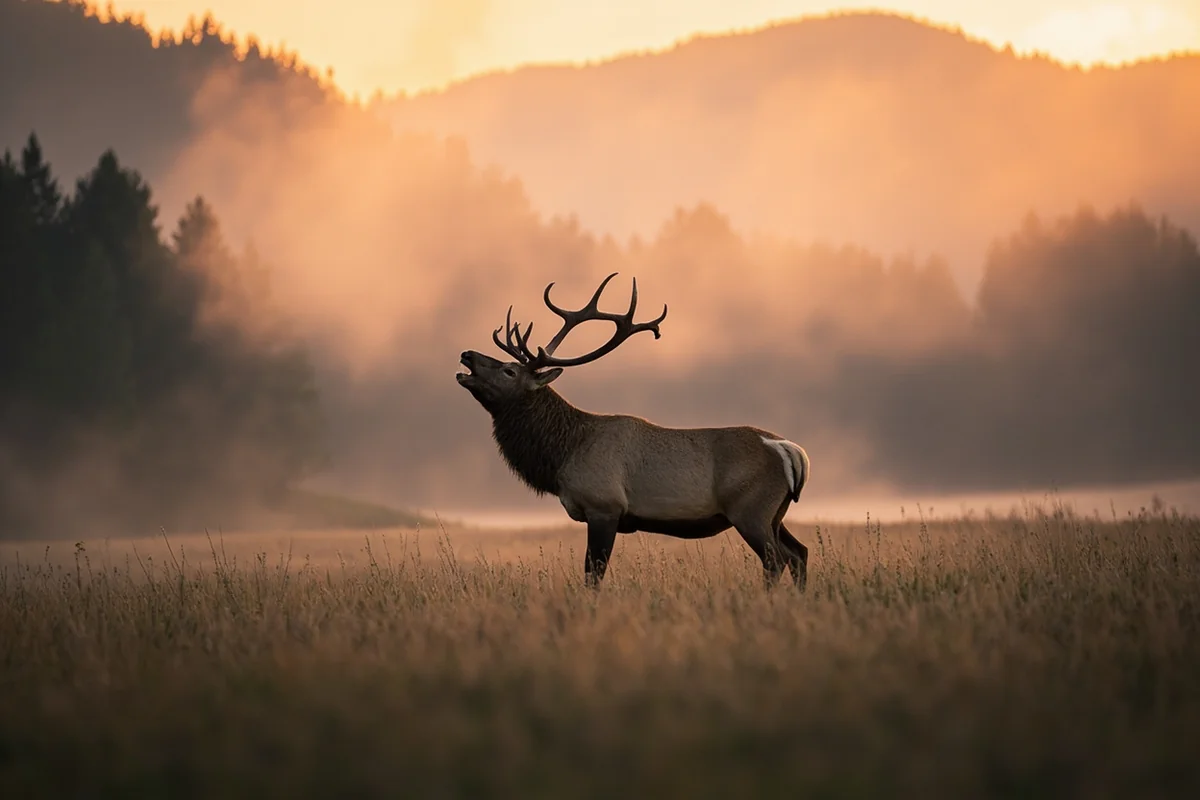 Bull elk bugling at sunrise in Montana mountain meadow with fog rolling through timber