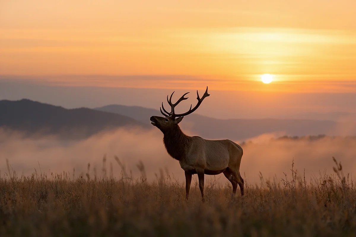 Bull elk bugling at sunrise in Montana mountain meadow with fog rolling through the valley