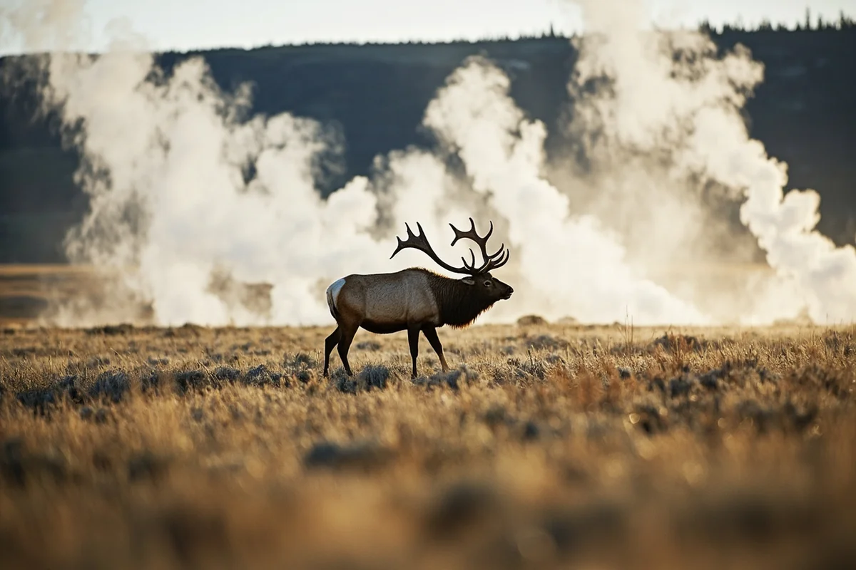 Bull elk bugling in Lamar Valley with steam rising from geothermal features