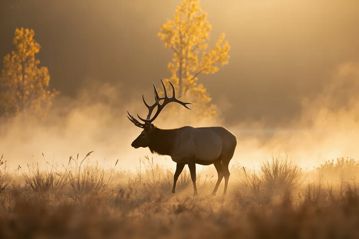 Bull elk bugling in morning mist with fall foliage in Paradise Valley