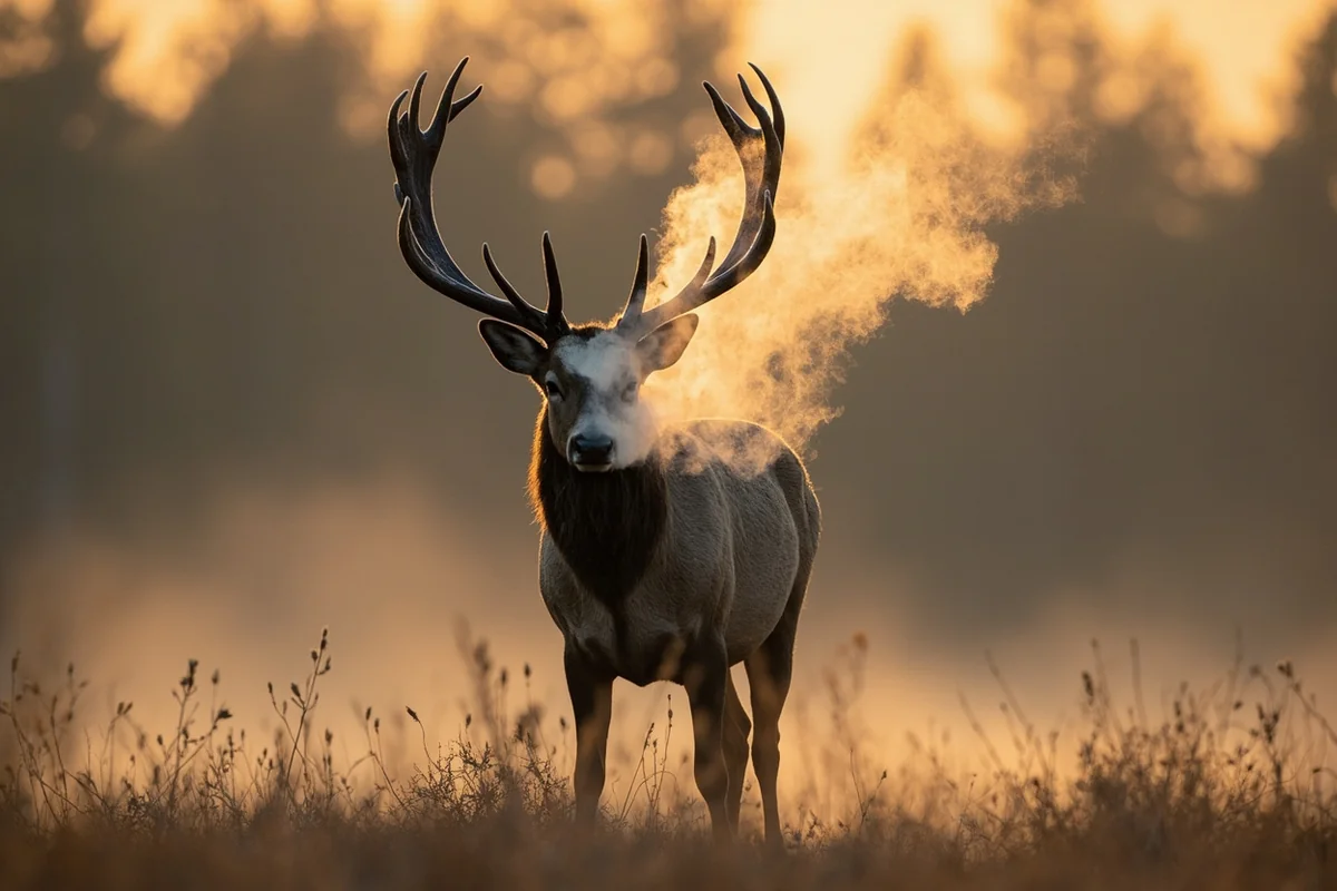 Bull elk mid-bugle with steam visible from breath in cold morning air