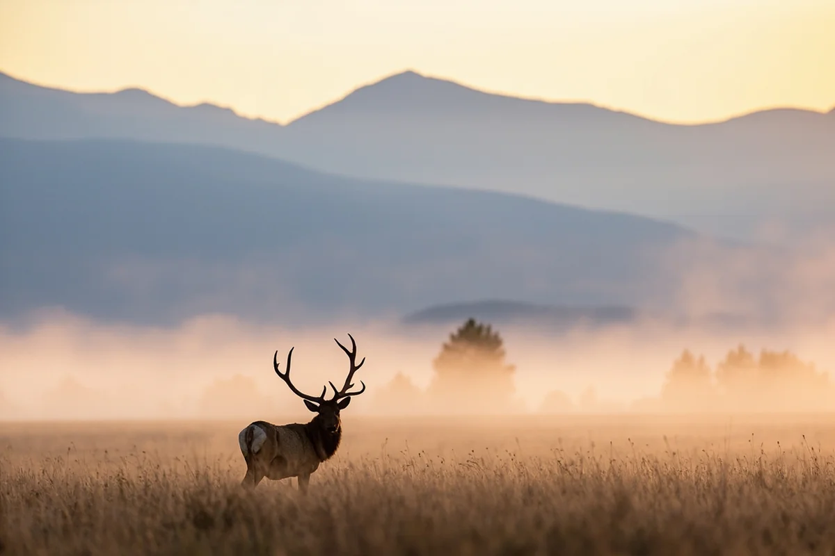 Bull elk standing in morning mist with Montana mountains in background