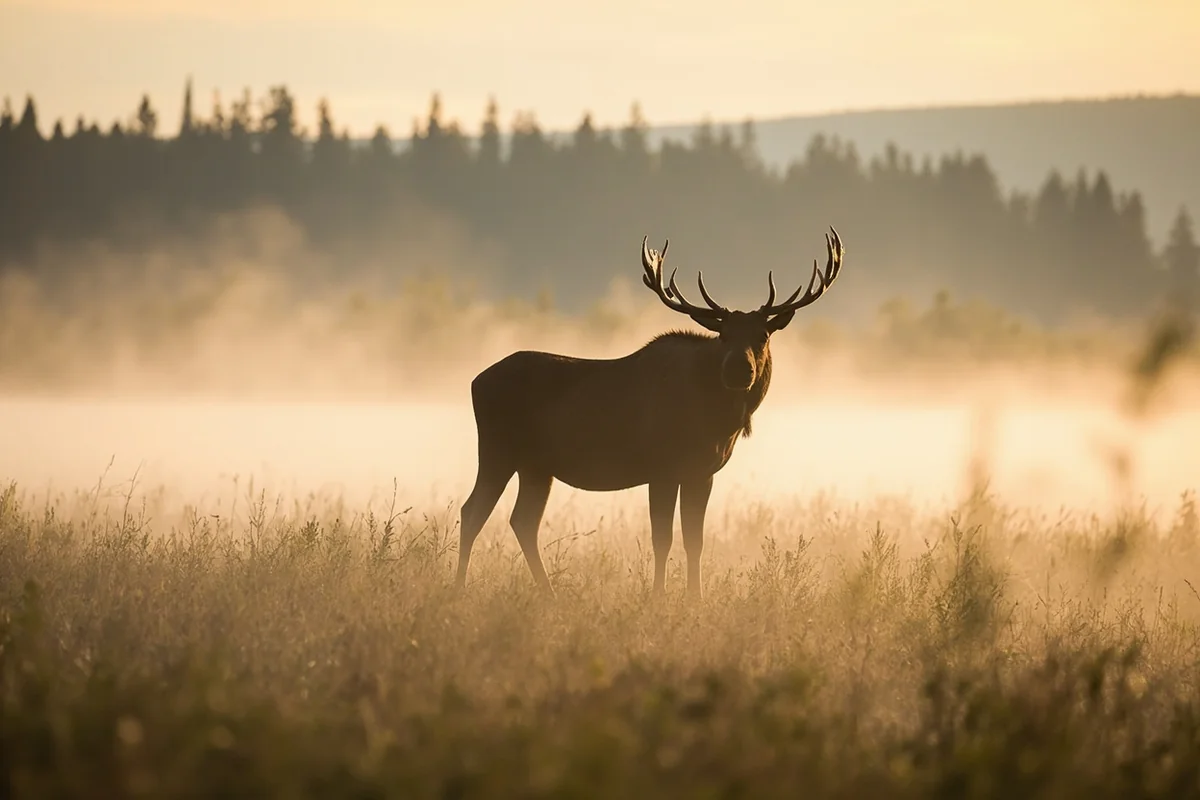 Bull moose standing in a wetland meadow along the North Fork Road with morning mist rising