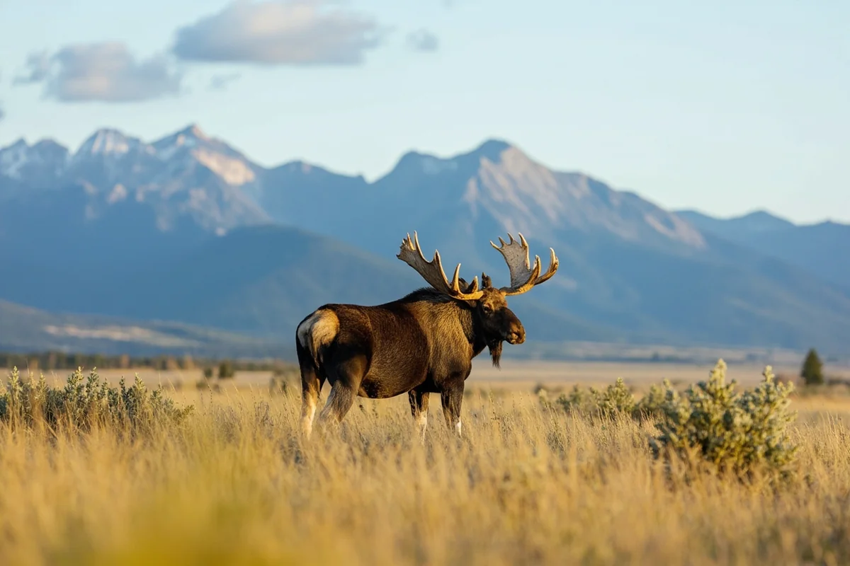 Bull moose standing in Montana meadow with mountain backdrop
