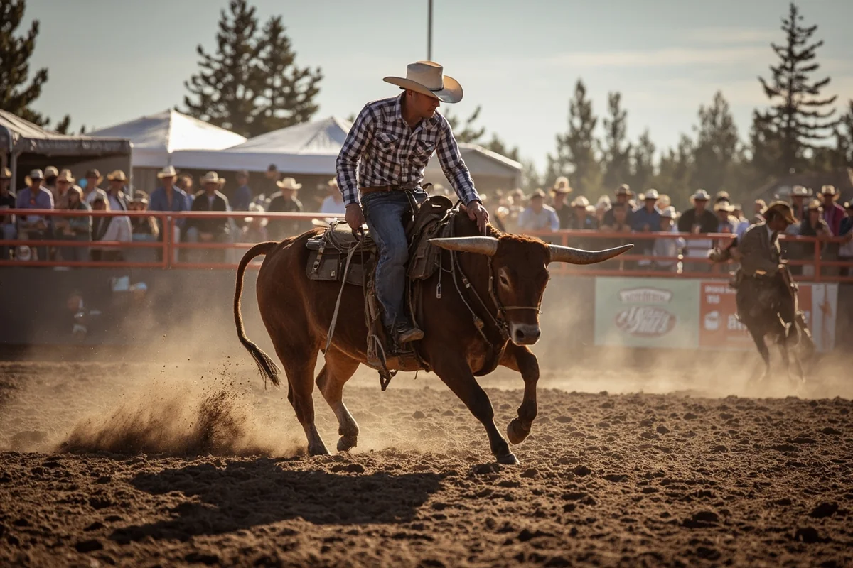 Bull rider competing at Montana rodeo event with crowd in background