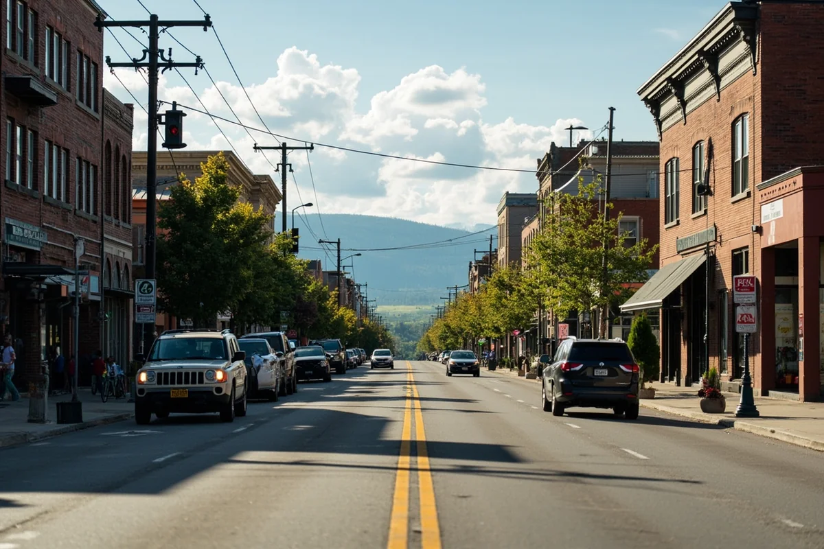 Busy street scene in West Yellowstone during peak summer season