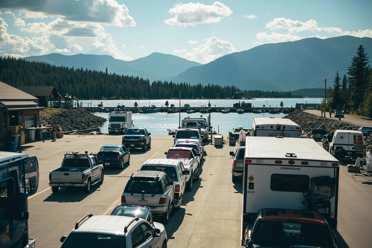 Busy summer day at a popular Montana boat launch with multiple boats and trucks