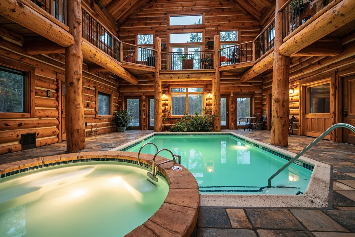 C'mon Inn interior atrium showing indoor pool, hot tubs, and rustic Montana lodge décor