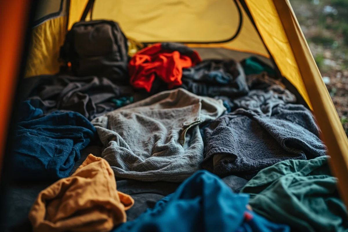 Camping gear and clothing laid out for permethrin treatment