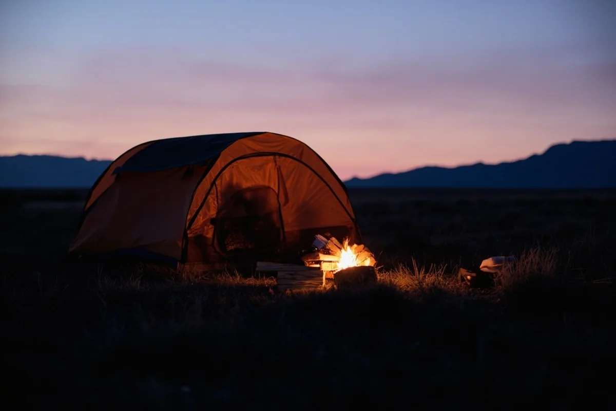 Camping setup on Montana prairie at dusk with silhouette of distant mountains