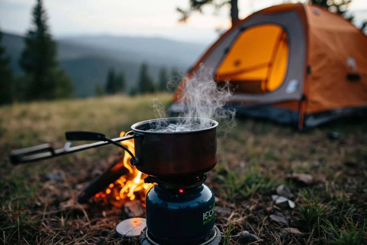 Camping stove boiling water with tent and Montana wilderness in background