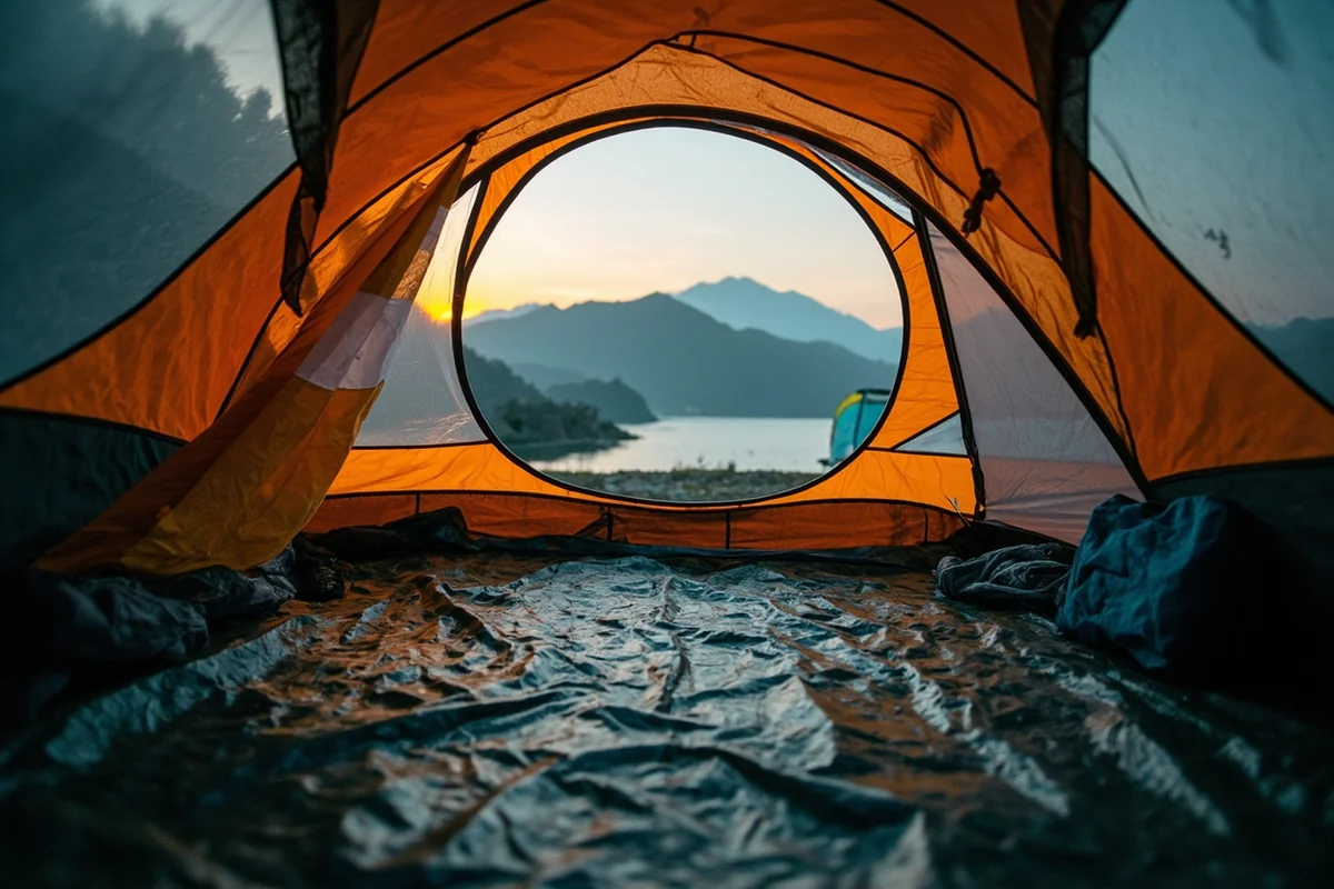 Camping tent properly set up with ground cloth and sealed entry, demonstrating spider-safe setup