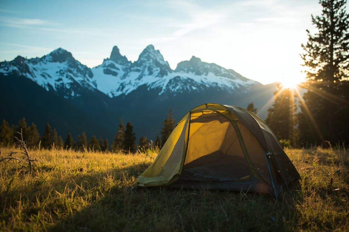 Camping tent set up in a meadow with mountain views near Lost Creek area