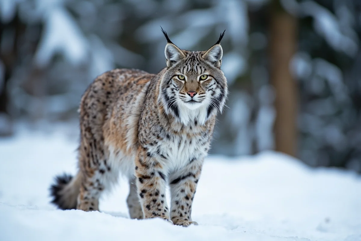 Canada lynx in snow-covered Montana forest, showing distinctive ear tufts and large paws