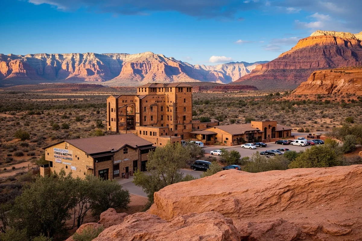 Canyon Village facilities with visitor services buildings and parking area