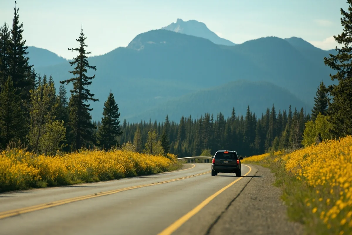 Car driving along scenic mountain road in Montana with wildflowers